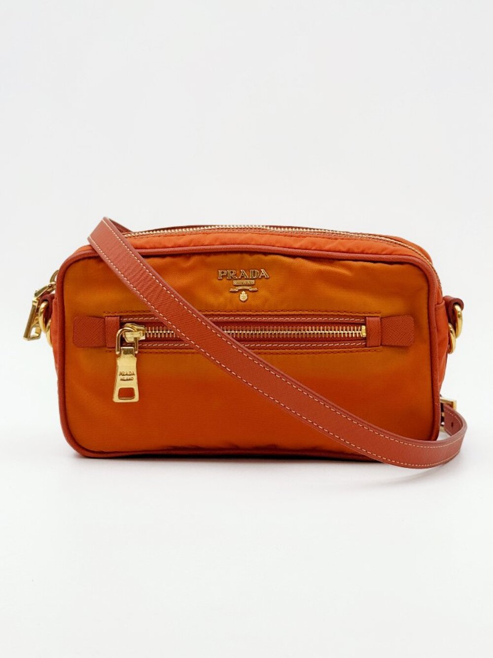 Prada Tessuto Nylon Orange Crossbody Camera Bag Gold Hardware Card Strap